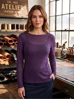 LOFT Purple Textured Lace Print Long Sleeve Top Size M Boatneck Cotton Blend